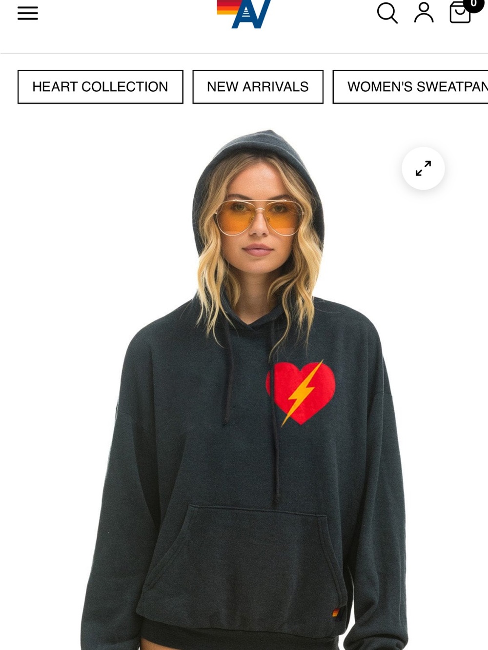 Aviator Nation Charcoal Hoodie with Red Heart & Yellow Lightning Bolt